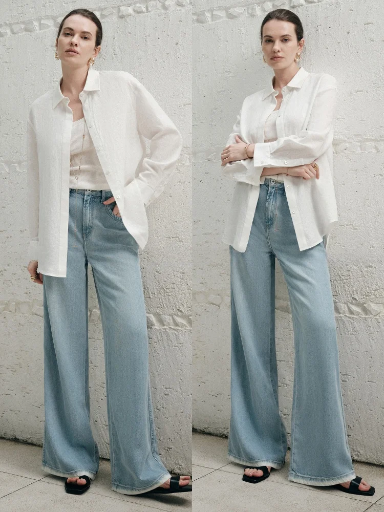 

Blancwings Blue Tone Keeling Comfortable Drapey Ice Silk Summer Breathable Wide Leg Jeans High Waist Casual Sle Zipper Closure
