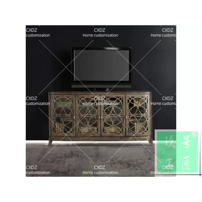 Neoclassical Retro Solid Wood TV Cabinet Audio Visual Console for Living Room Customizable Furniture