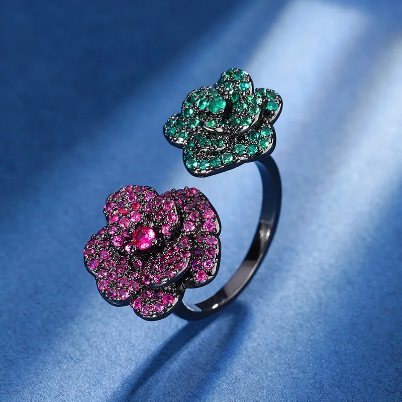 

Adjustable Flower Ring with Sparkling Pink and Green Stones for Elegant Style Perfect for Women's Fashion Jewelry Accessories