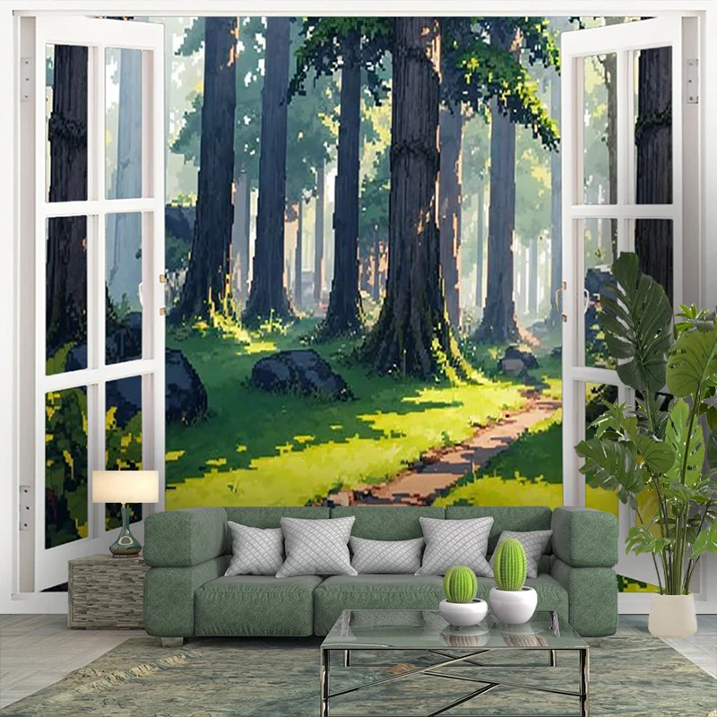 1PC Digital Print Tapestry Wall Hanging, Fake Window Frozen Lake Winter Forest Art, Nature Scenery 3D Window Wall Art Decor - view 2