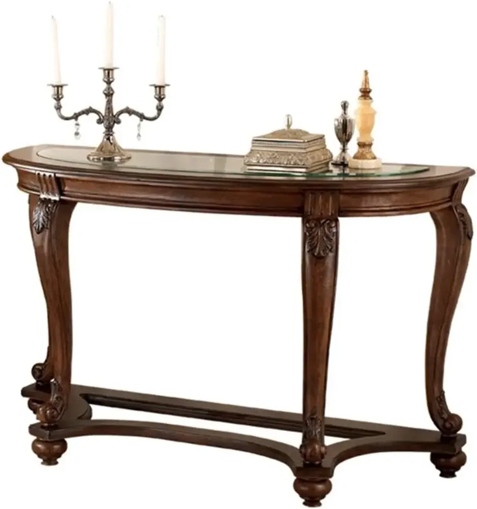 Traditional Console Sofa Table in Dark Brown with Glass Top