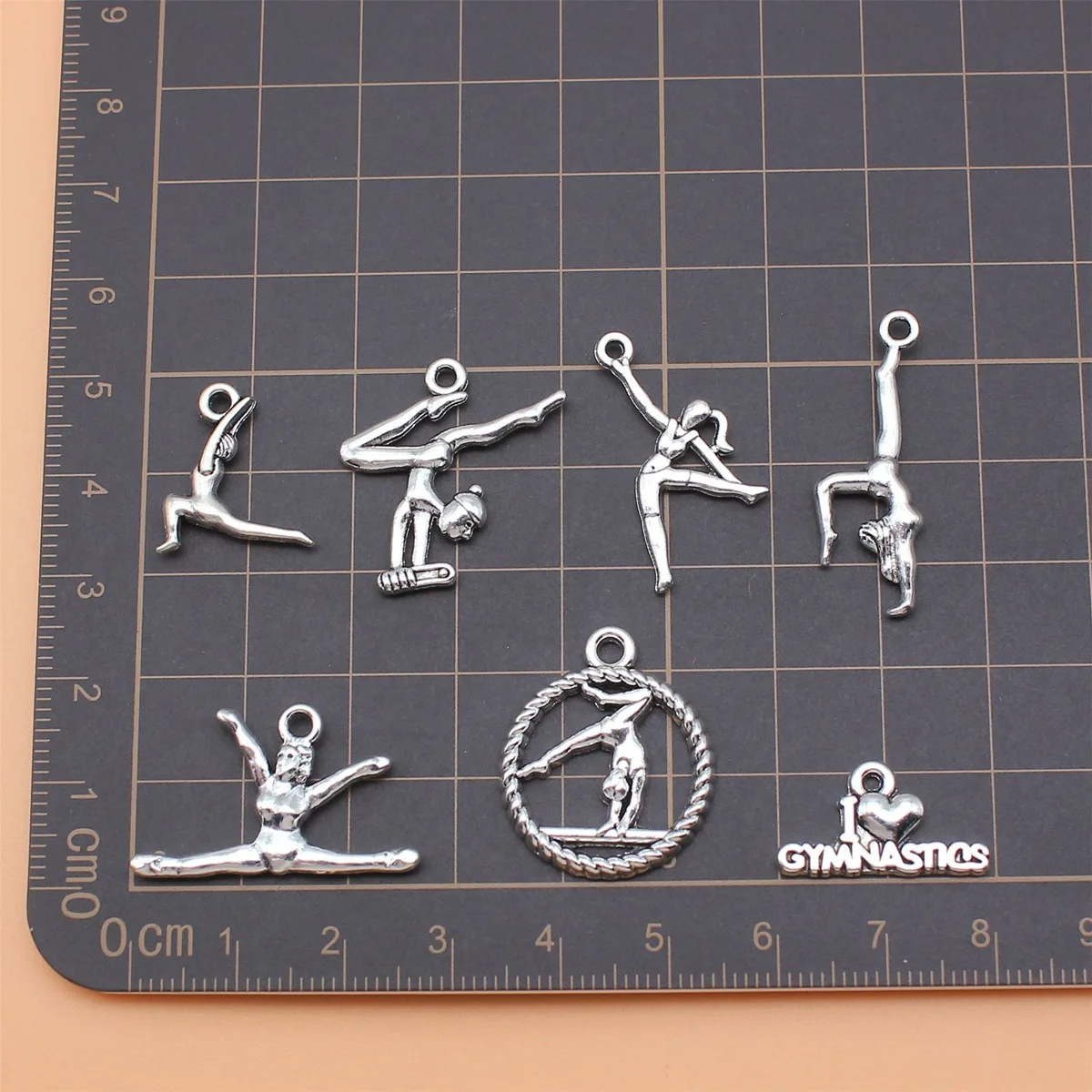 7pcs Antique Silver Color Gymnastics Charms Collection For DIY Jewelry Making, 7 Styles, 1 of Each