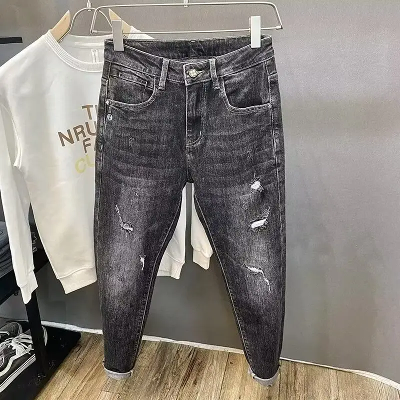 Pantalones vaqueros informales elásticos para hombre, Jeans de lápiz con parches para pies pequeños, negros, de lujo, a la moda, para primavera y otoño, novedad de 2024