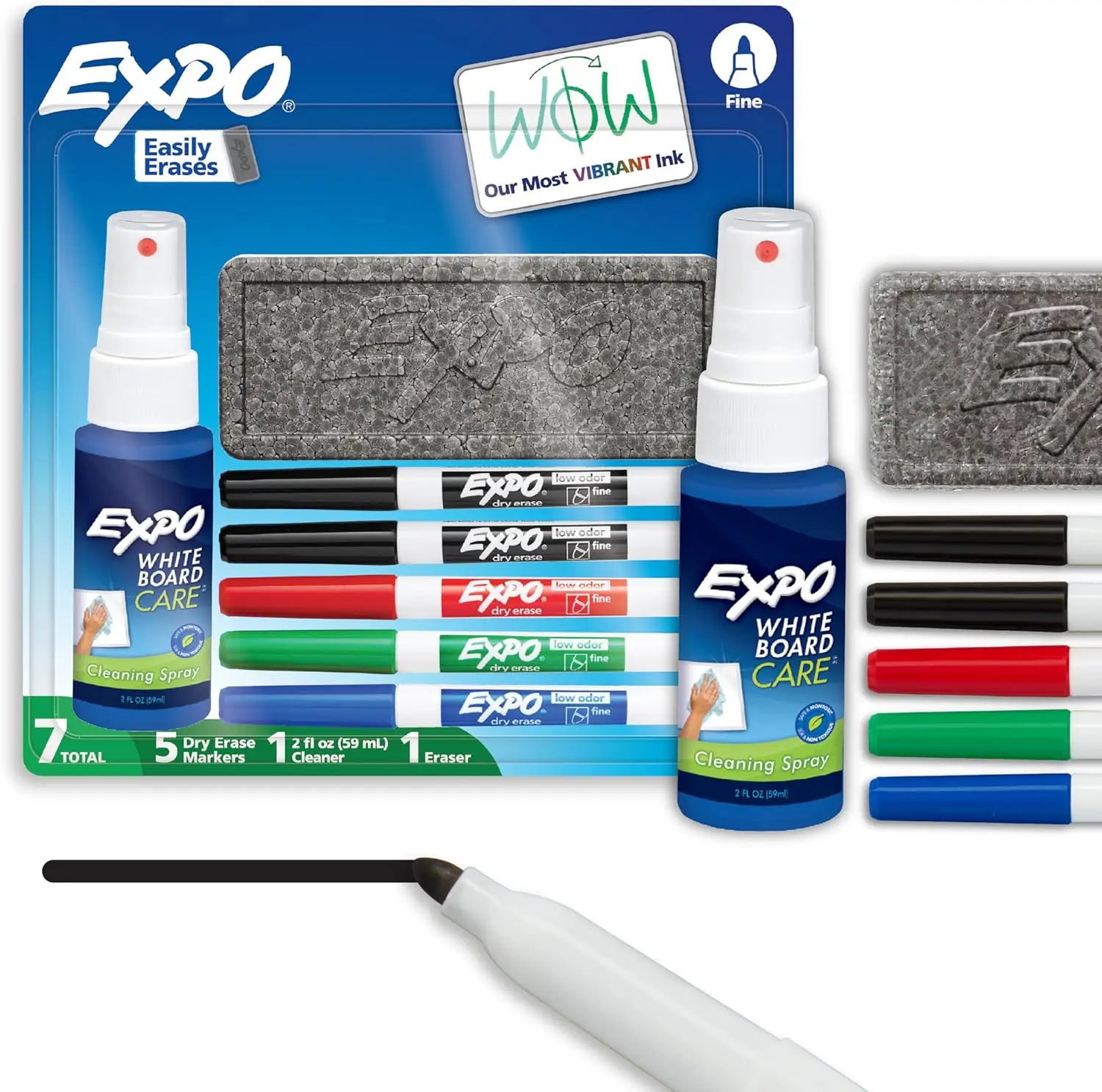 

Fine Tip Dry Erase Markers Set - 7 Count with Eraser & Spray Cleaner, Assorted Colors
