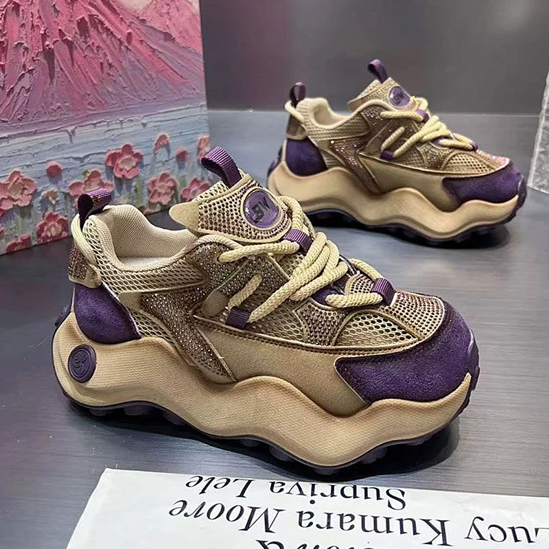 

2025 Vintage Luxury Sneakers with Rhinestones Woman Summer Mesh Breathable Platform Chunky Sneakers Korean Fashion Y2k Shoes