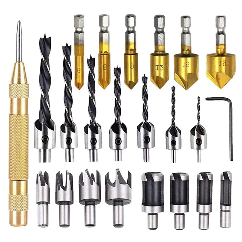 23-Pack Woodworking Chamfer Drilling Tool Set Three-Pointed Countersink Drill Bit