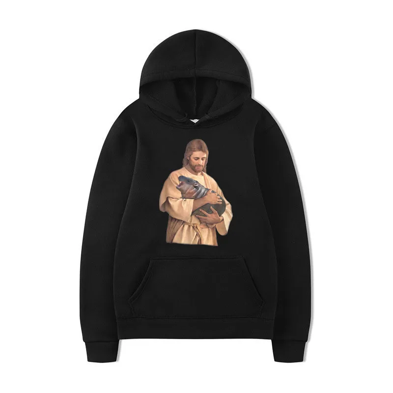 

Jesus Moo Deng Hoodie Funny Jesus Loves Moo Deng Bouncy Cute Baby Hippo Graphic Sweatshirt Men Winter Fashion Fleece Hoodies