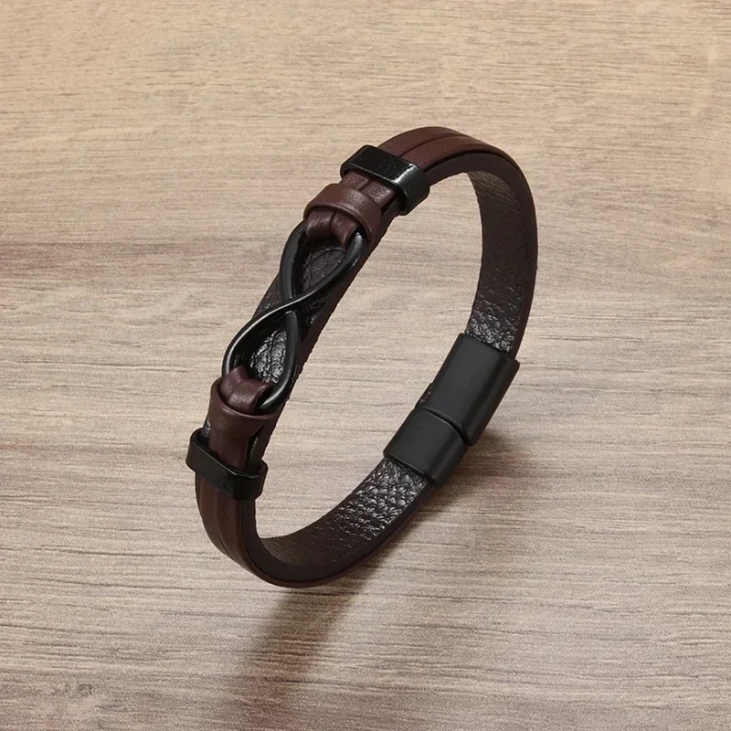 Classic Infinity Logo Handmade Single Layer Leather Bracelet with Magnetic Clasp Men\'s Fashion Business Casual Party Jewelry Gif