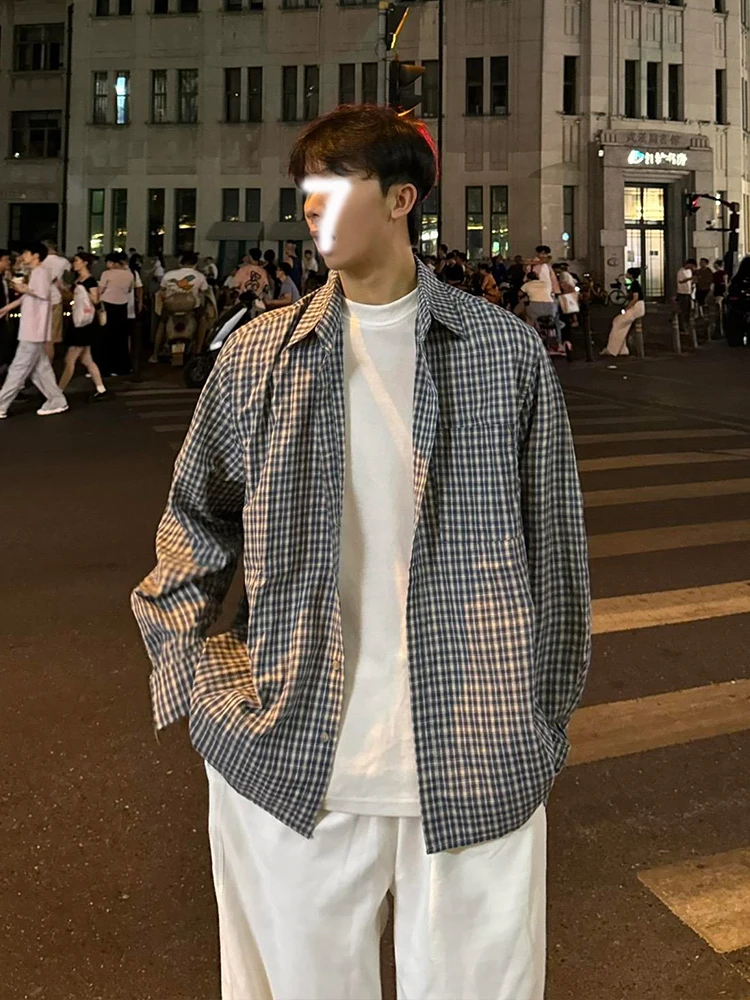 

Loose Long Sve Plaid irt Men's Early Autumn Casual Sle Bla White Korean Aosphere Feeling Lazy Coat Youth Faion