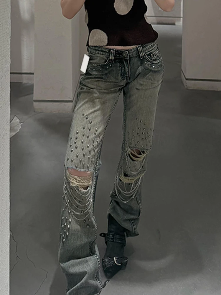 Retro Washed American High Street Design Sense Hole Rivet Denim Pants Women's Autumn New Style Vintage Flared Long Trousers