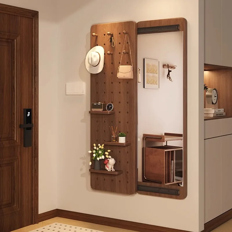 Solid wood hole board full-length mirror invisible push-pull full-body mirror closed hidden can block wall-mounted entrance fitt