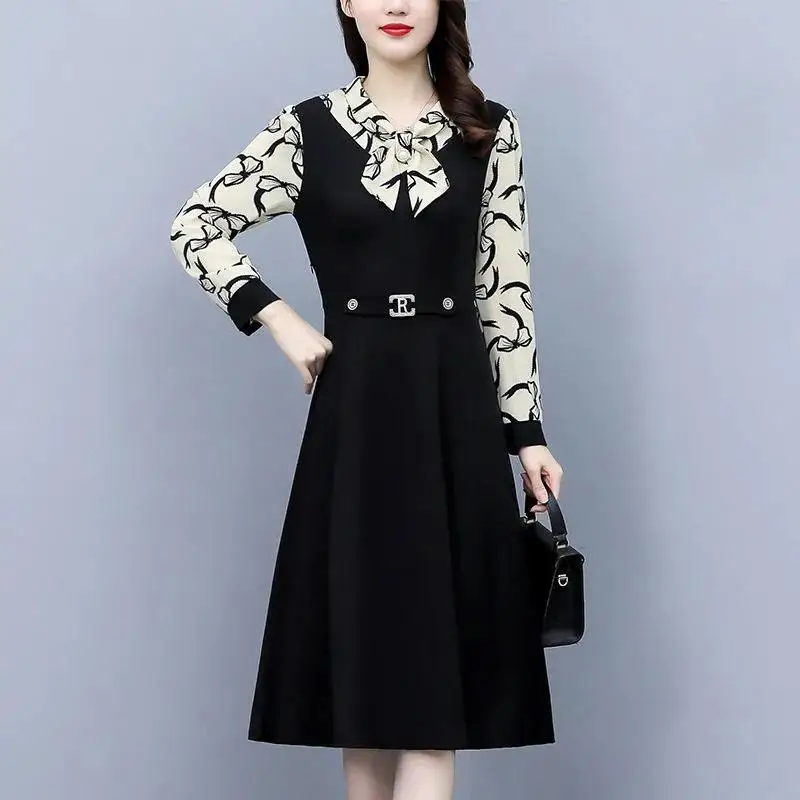 

Fashion Patchwork Print Bow Ladies Dresses Spring Autumn Long Sleeve Plus Size Loose Midi Dress Vintage Elegant Women Clothing