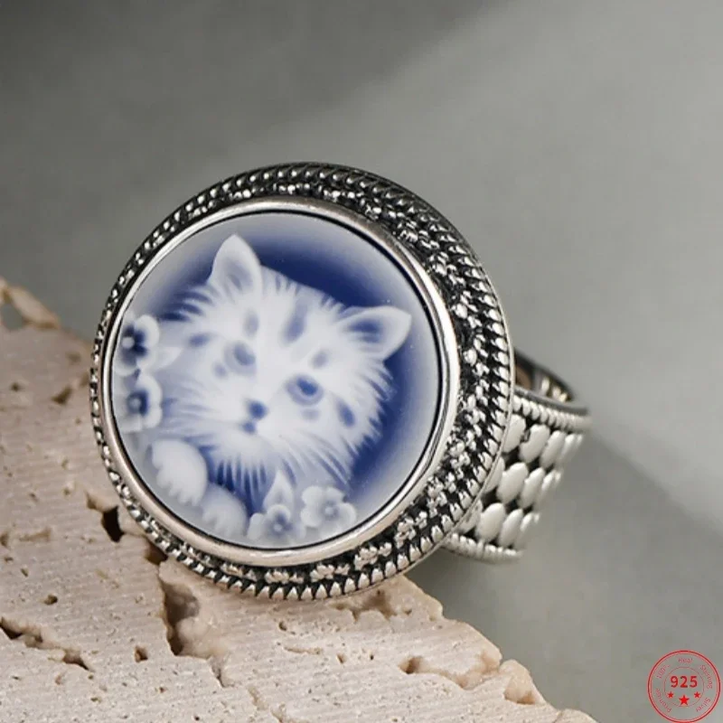 

S925 sterling silver rings for Women New Fashion ancient beauty round white shell agate relief cute kitten jewelry free shipping