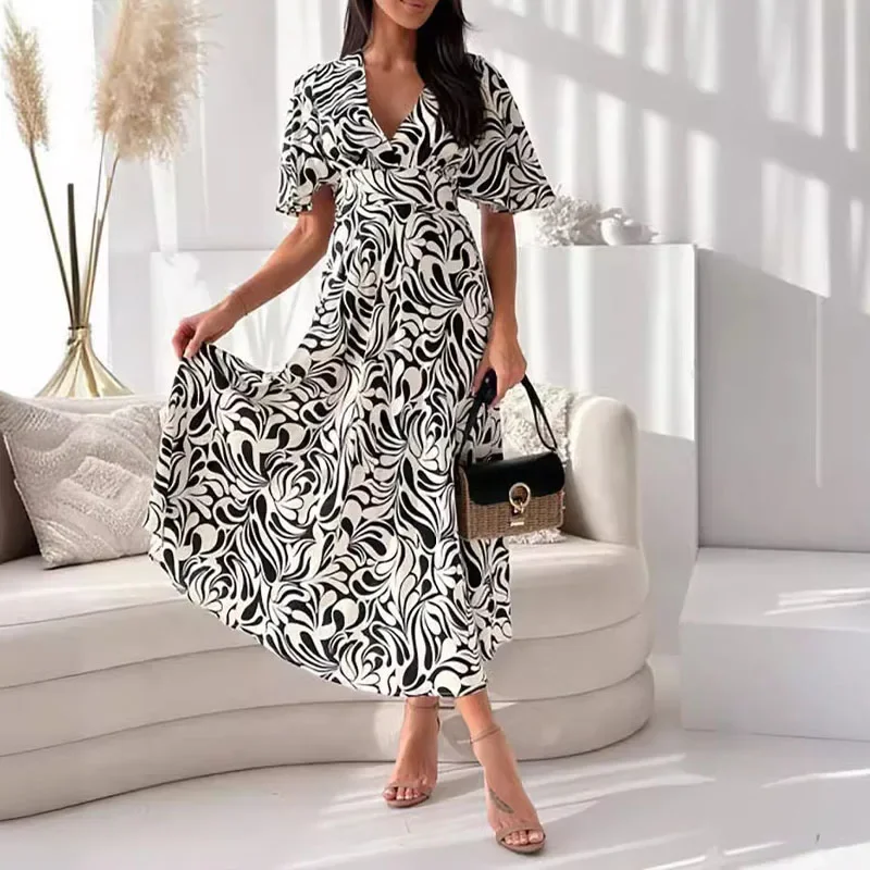 

Luxury Printing Summer Comfortable Women Elegance Bohemian V-neck Corset Short Sleeved Waistband Office Lady Affordable Dress