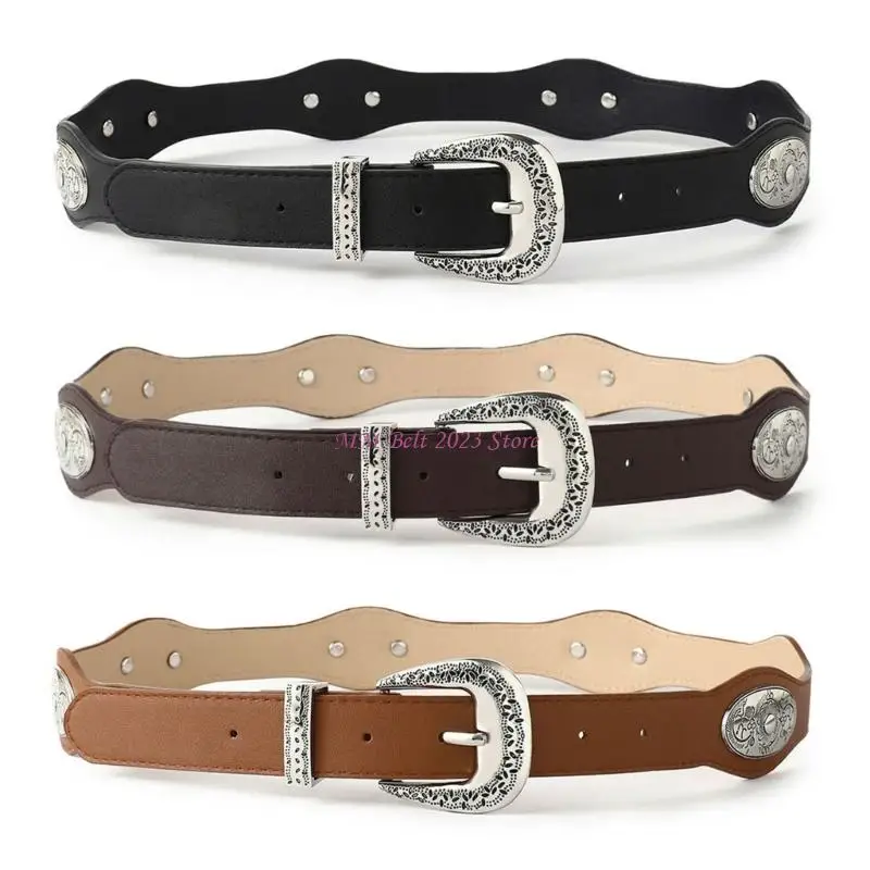 49ME Edgy Women's Punk Rock Engraved Charm Waist Belt Adjustable Strap For Jeans With Studded PU Leather