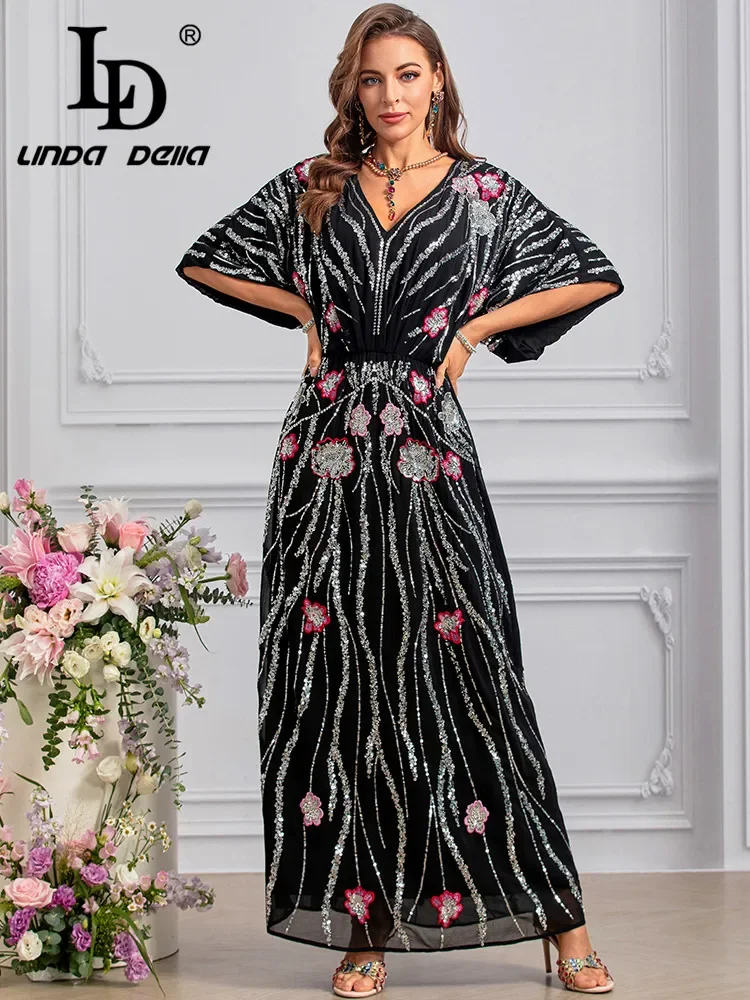 LD LINDA DELLA 2024 New Style Runway Designer Dress Women's Vintage Gorgeous Flowers Sequins Embroidery Temperament Dresses