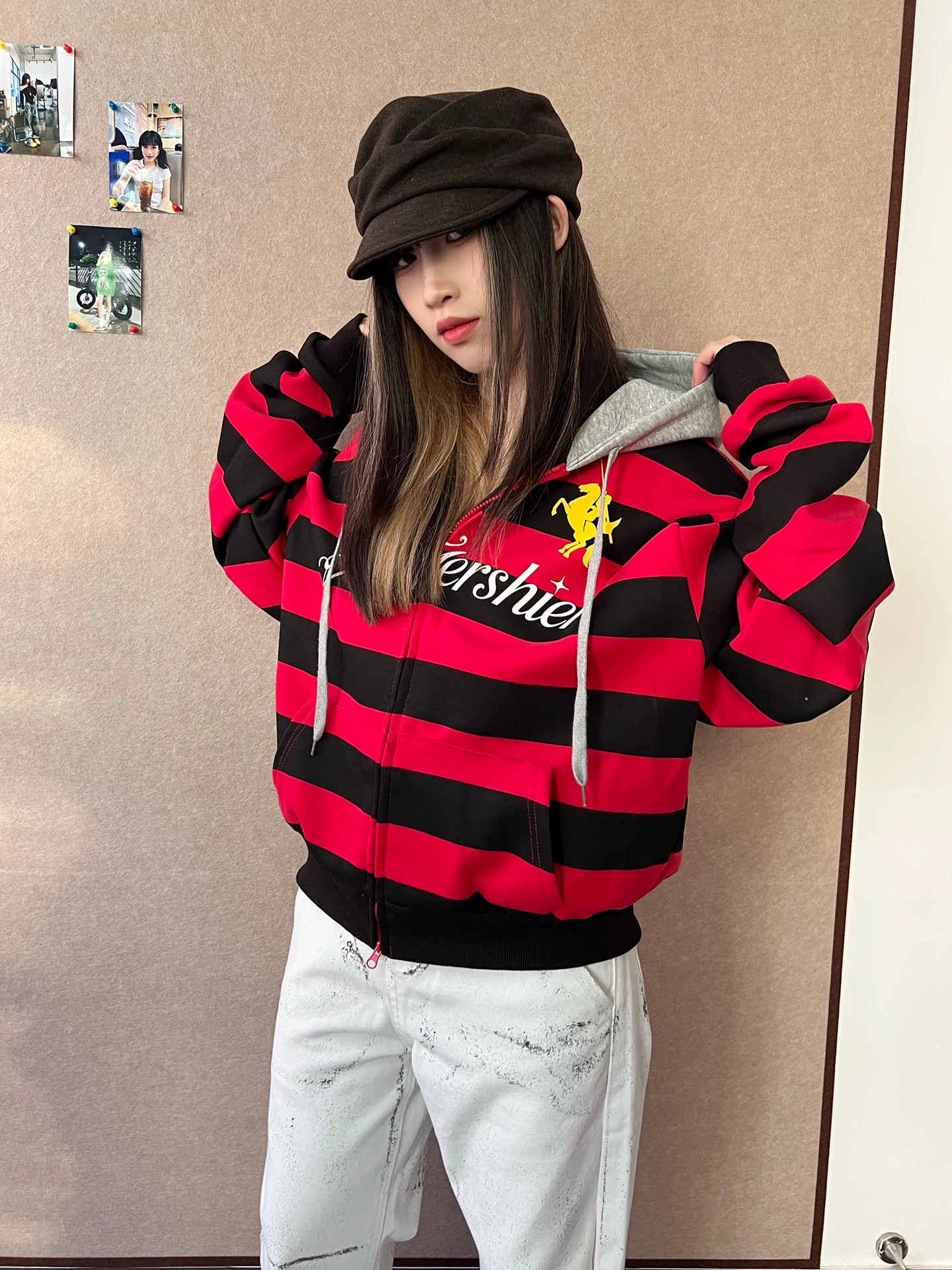 

American Sle Zipper Hooded Open Cardigan Women's Loose Casual Striped Jaet Breathable Wear-resistant Moisture-ng