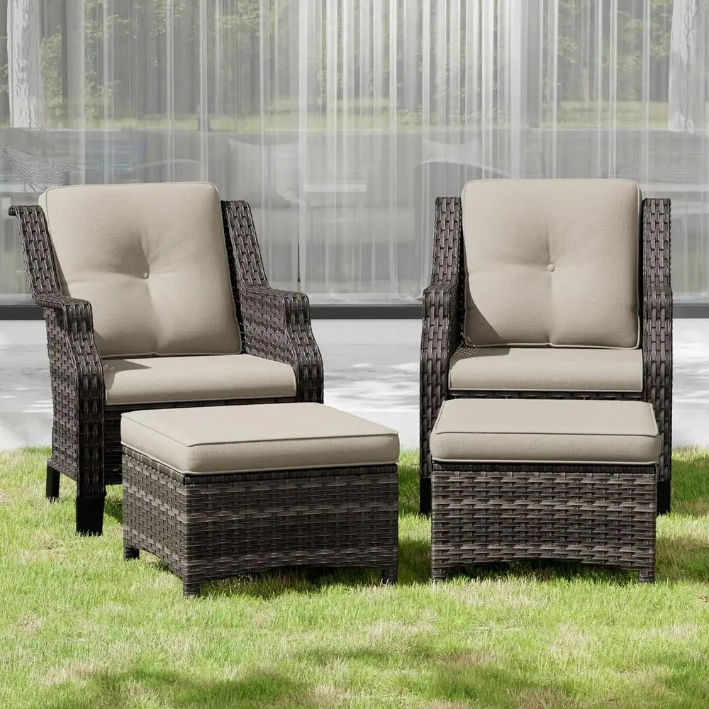 

4-Piece Outdoor Wicker Furniture Set with 2 Chairs & 2 Ottomans for Garden, Backyard, Balcony, and Deck