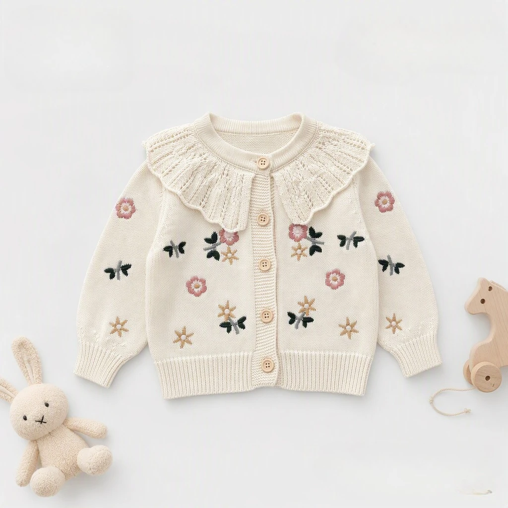 0-3T Newborn Kid Baby Girl Flower Sweater Winter Clothes Cardigan 100% Cotton Knitwear Coat Cute Sweet Outfit