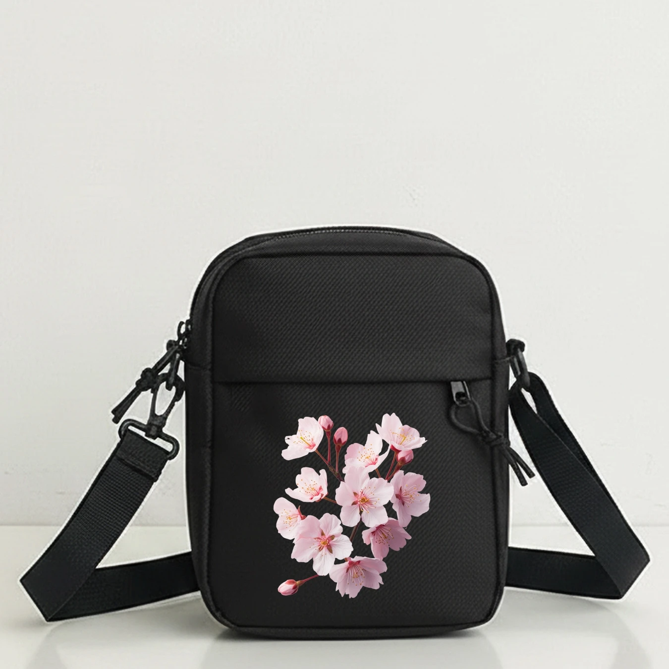 Cherry Blossom Pattern Shoulder Bag Adjustable Strap Zipper Lightweight Purse for Music Festival Date Cycling Party Travel
