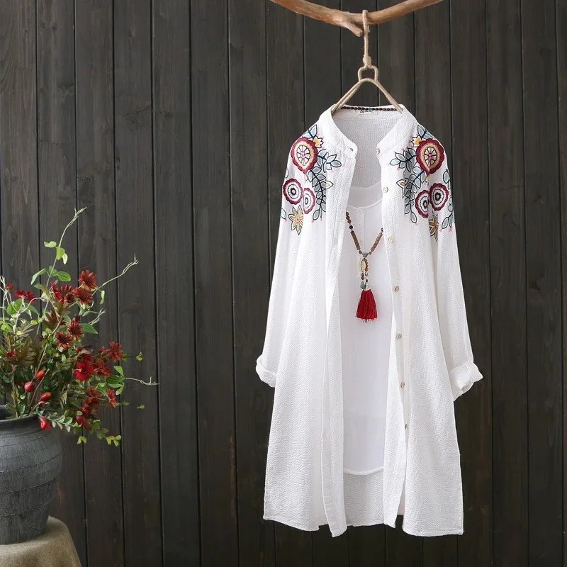 Chinese style shirts women 2024 plus size tops and blouse embroider long sleeve Vintage Ladies Office Casual button up top 11128