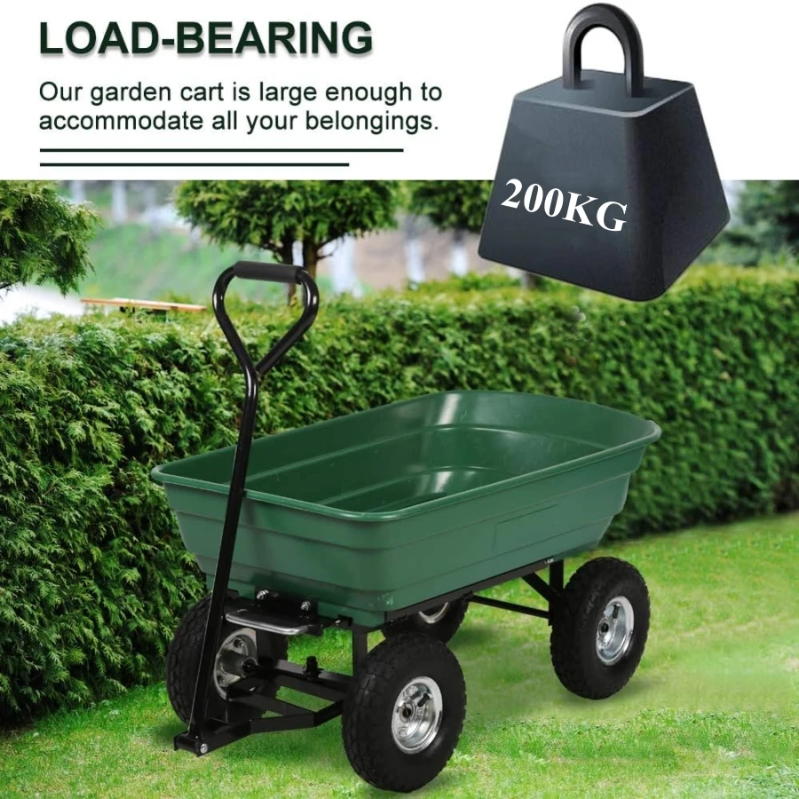 Garden Dump Cart, Heavy Duty Utility, Outdoor Lawn, Yard, Wagon Carrier with Sturdy Steel Frame, Wheelbarrow, 200kg Capacity