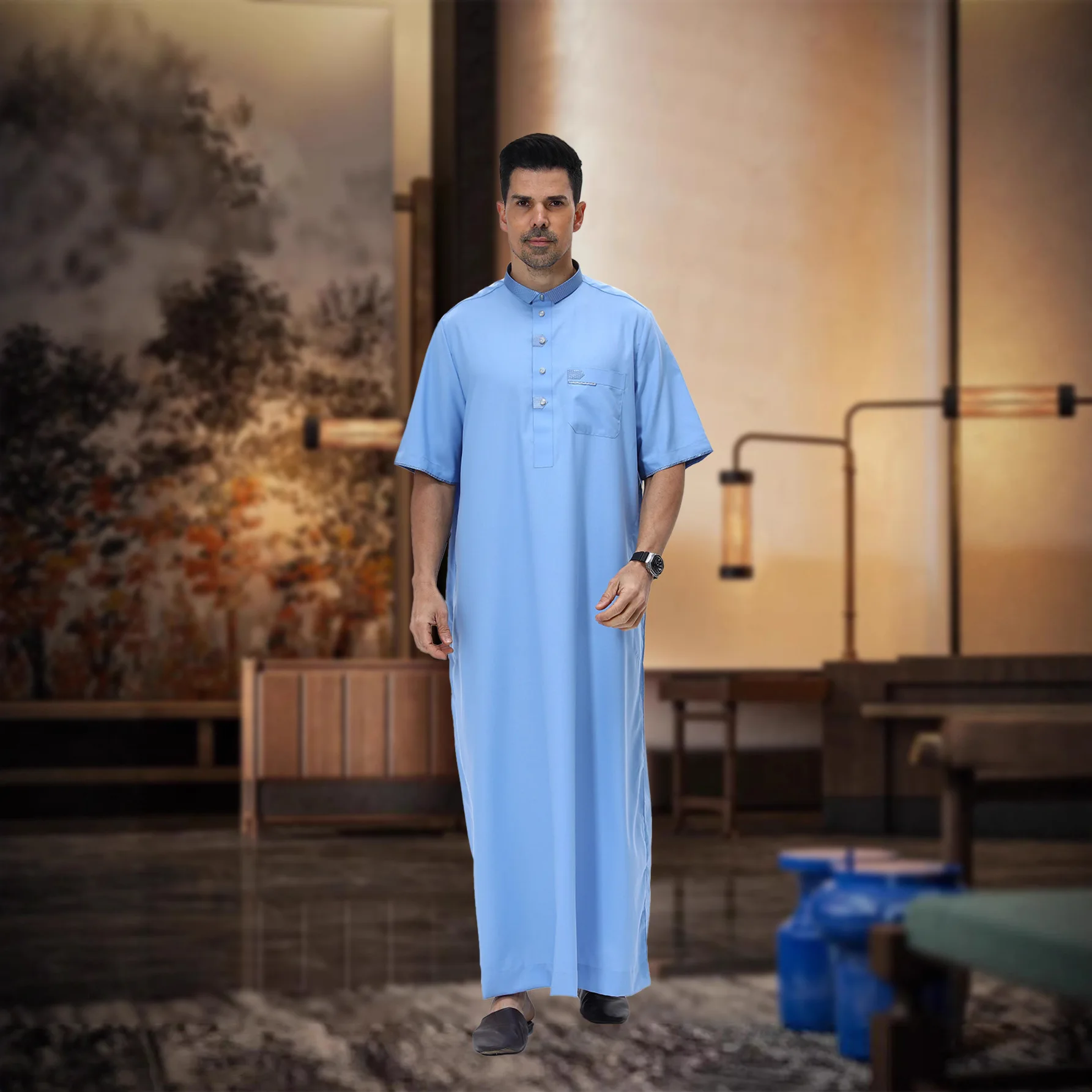 New Saudi Arabic Men Jubba Thobe Muslim Dress Short Sleeve Abaya Kaftan Robe Worship Daffah Dishdasha Traditional Islam Clothing