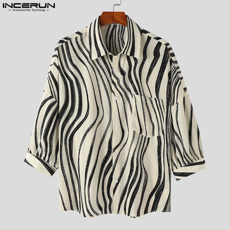 INCERUN-camisa con solapa estampada para hombre, ropa holgada de estilo coreano, informal, a la moda, para verano, 2024