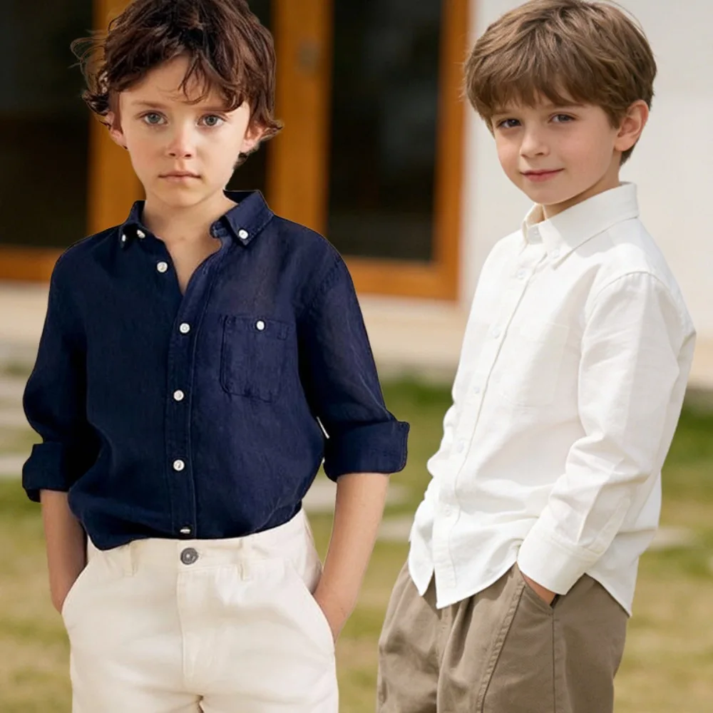 2026 Spring Boys Linen Shirt Old Money Style Lapel Long Sleeve Top Breathable Cotton Linen Blouse for 100-140cm