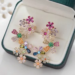 Romantic Purple CZ Crystal Round Long Big Dangle Waterdrop Flower Leaf Heart Stud Earrings Wedding Jewelry for Brides