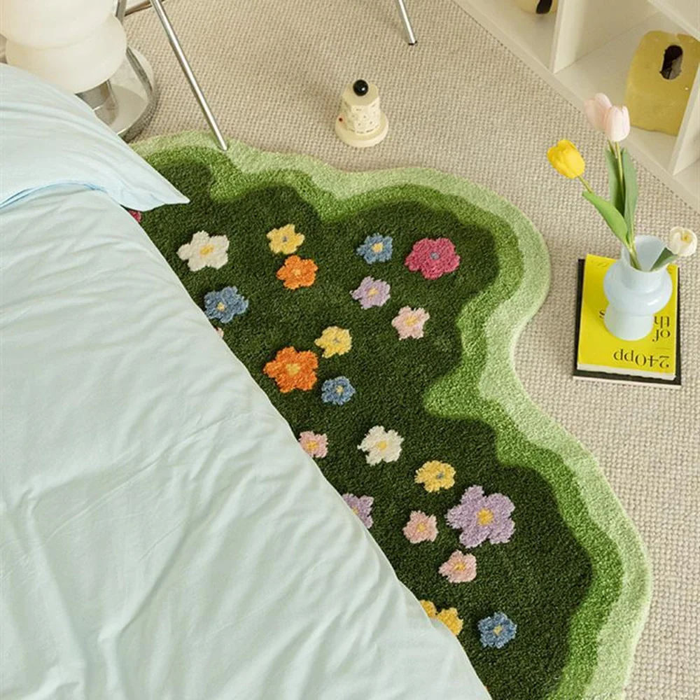 

Floral Carpet Bedroom Non-SlipSoft Tufted Pile Sofa Rug Indoor Bedside Footrest Floor Footrest Garden Green Style Carpet