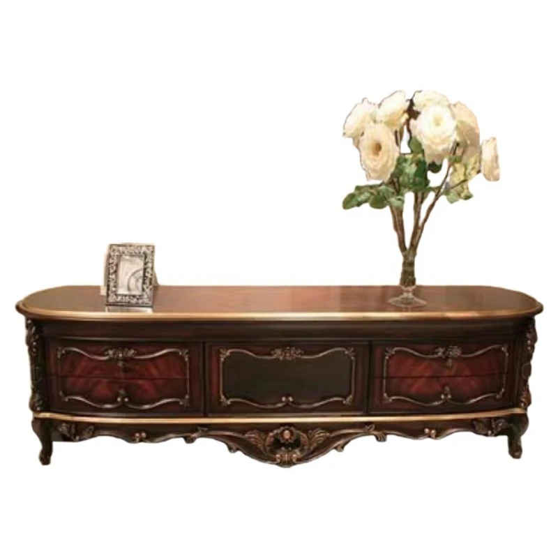 

Purely handmade solid wood carving flower ribbon pumping low cabinet hall cabinet, luxury TV cabinet