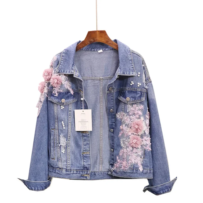 Spring Autumn Women's Harajuku Denim Jacket Coat Hand Beaded Flower Embroidery Short Jean Jackets Female Basic Coats Outfit