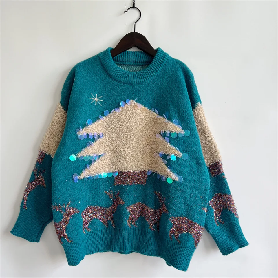 Autunno/inverno natale maglione da donna sciolto a maniche lunghe fatto a mano con paillettes albero di natale cervo Jacquard Pullover lavorato a maglia