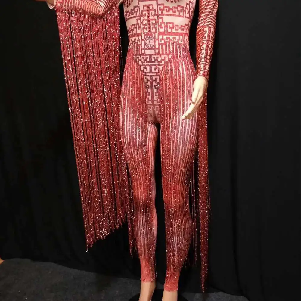 シャイニングラインストーンレッドフリンジジャンプスーツ女性長袖ストレッチレオタードナイトクラブ歌手ポールダンスステージ着用タッセル衣装