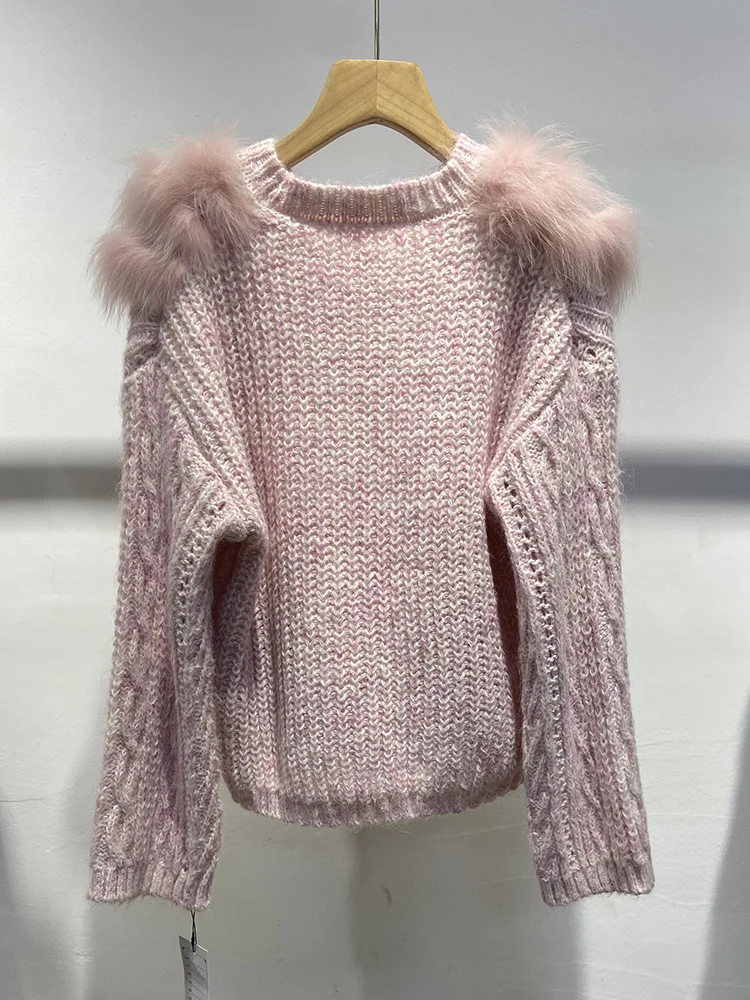 Women Spring Pink Real Fox Fur Knitted Oversize Sweater Real Fox Fur Trim Loose Fur Coat