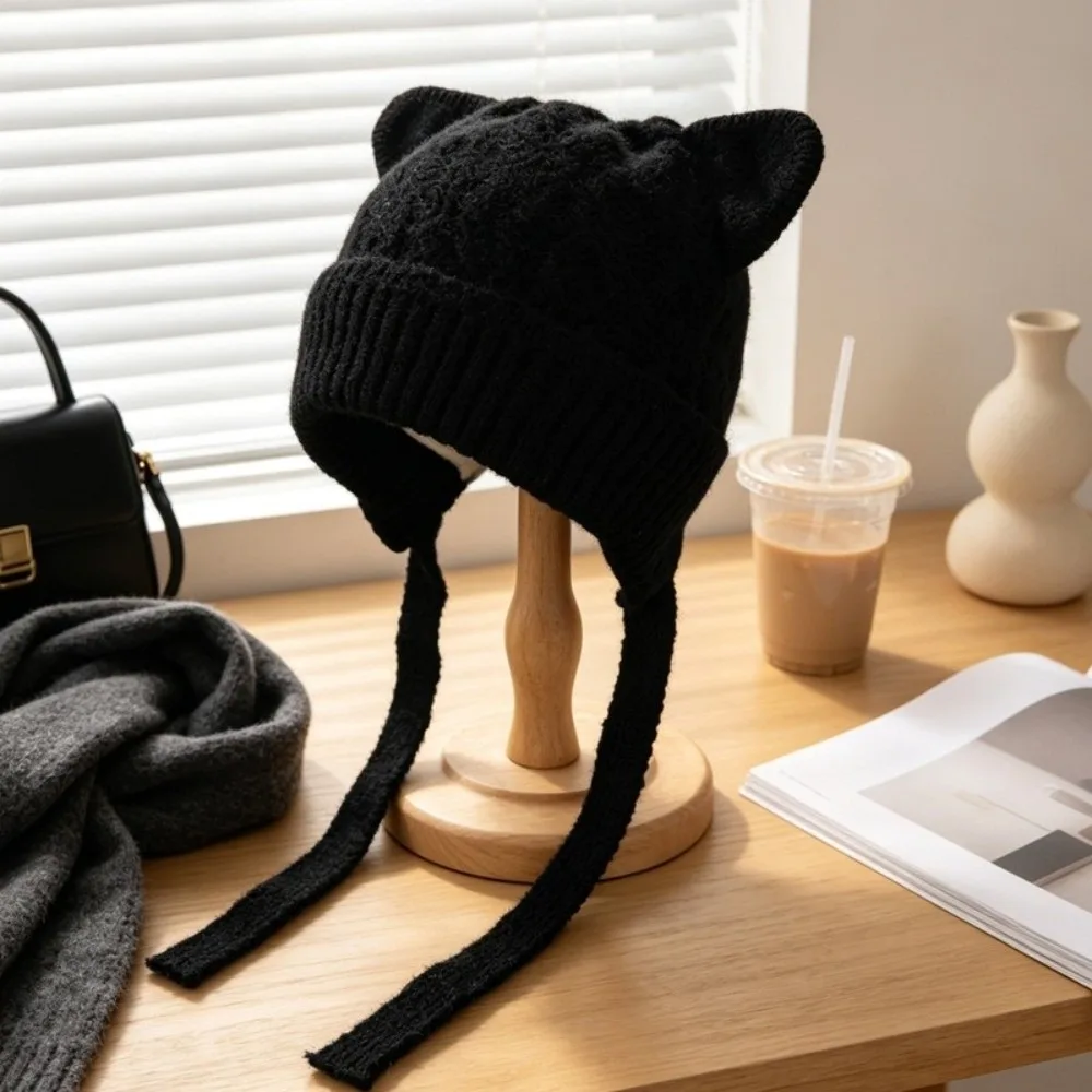 Durable Windproof Cat Ear Knit Hat Warm Knitted Skin Friendly Soft Beanie Stretchy Fit 3D Cat Ear Head Cover Winter Commuting