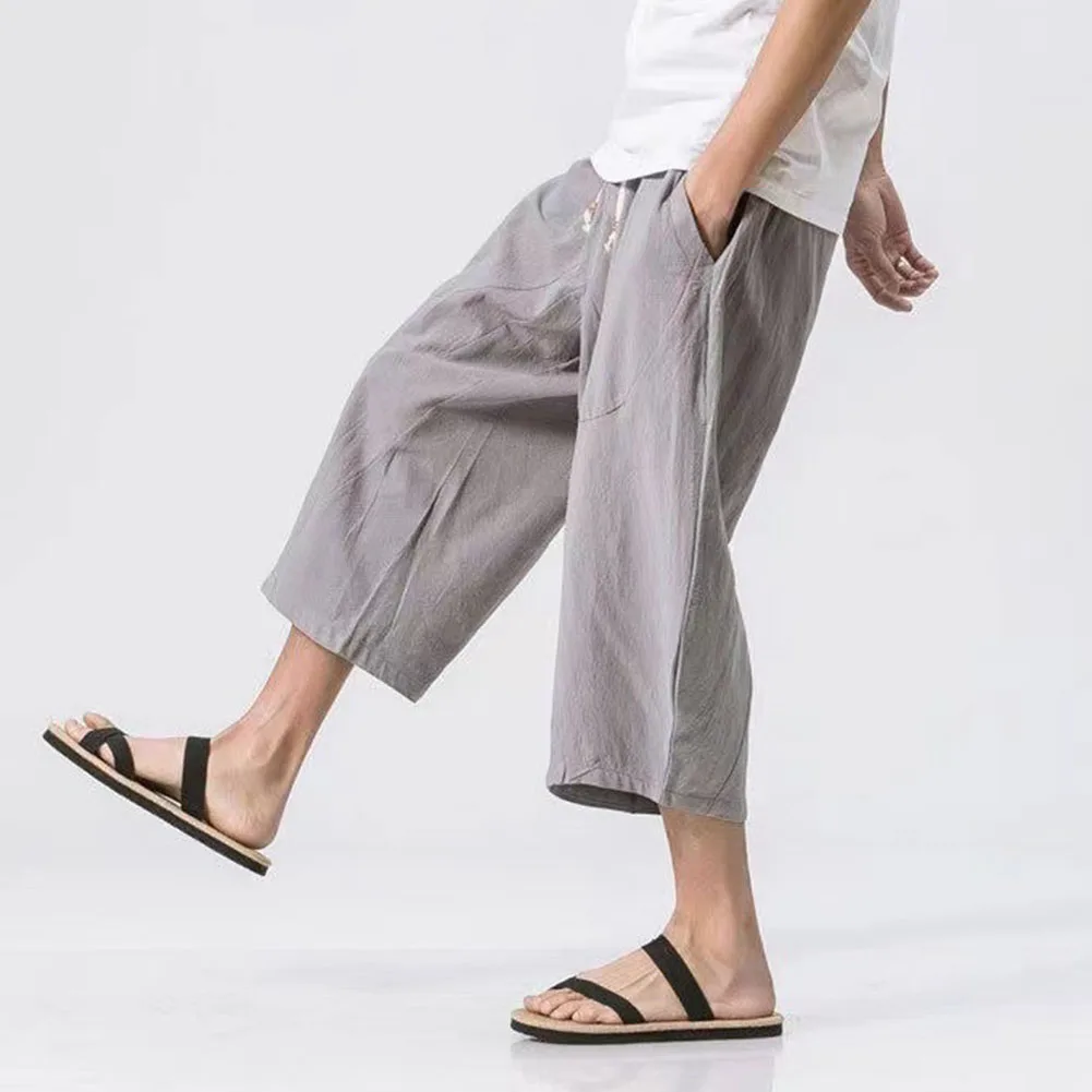 Men Loose Thin Cotton Linen Casual Trousers Calf-length Sweatpants Men's Clothing Fashion Solid Color Harem Pants