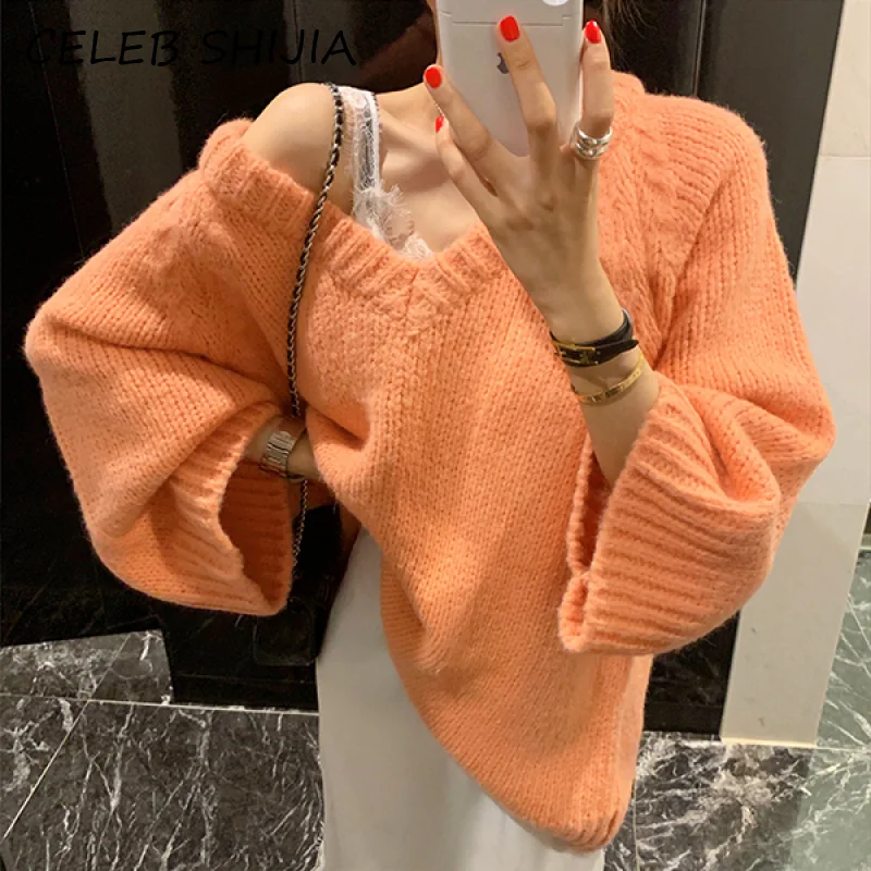 

SHIJIA New fashion V-neck Loose knit sweater woman jumper Full-sleeve elegant casual solid knitting pullover female autumn 2023