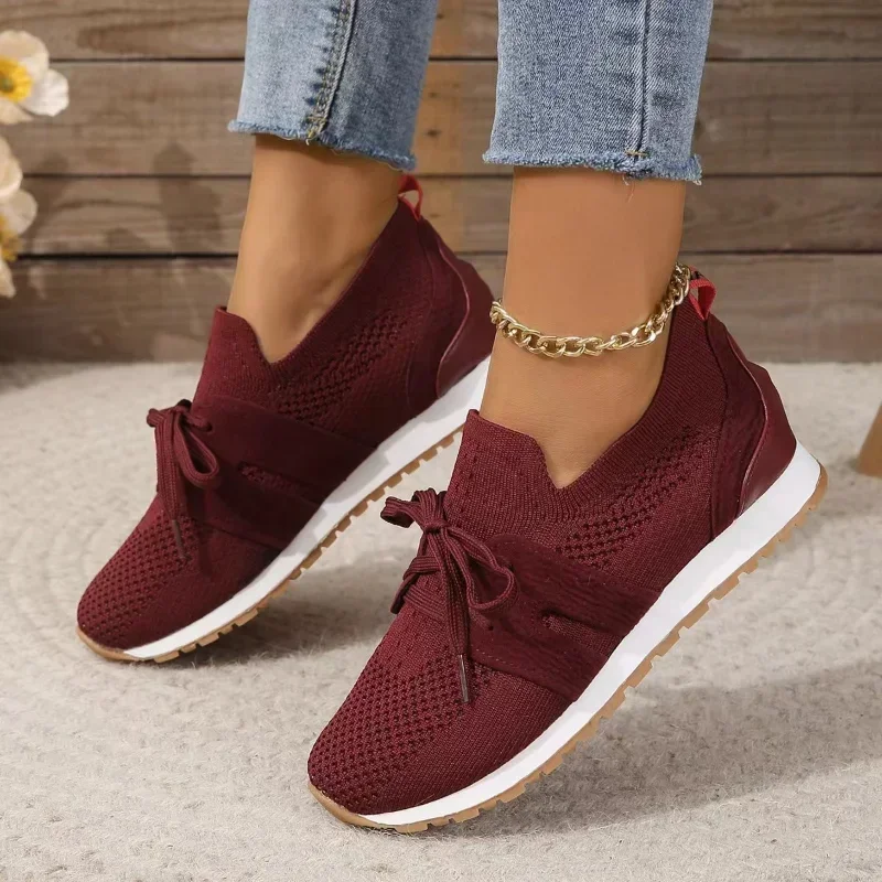 2024 Brown Knit Breathable Womens Sneakers Shoes New Platform Flats Woman Plus Size 43 Non Slip Casual Shoes Mesh Tenis De Mujer