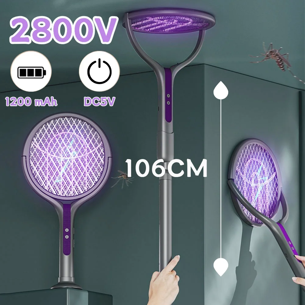 2800V 2in1 Rotating Head Electric Fly Swatter Rechargeable Mosquito Swatter Fly Killer and Mosquito Trap Lamp for Home Outdoor