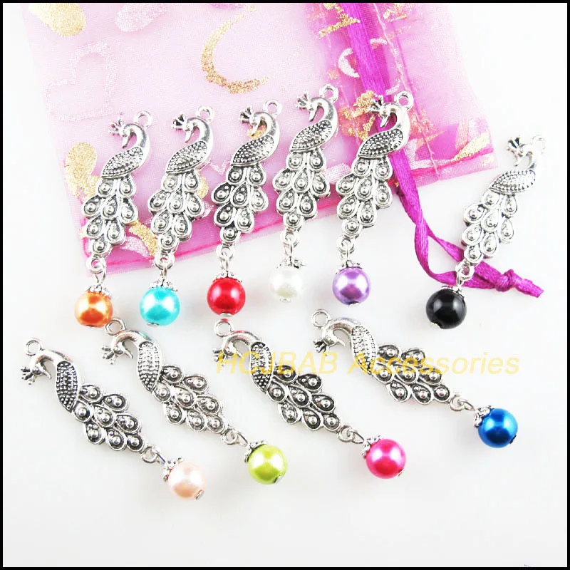 10Pcs Tibetan Silver Plated Animal Peacock Mixed Glass Beads Charms Pendants 12.5x50mm