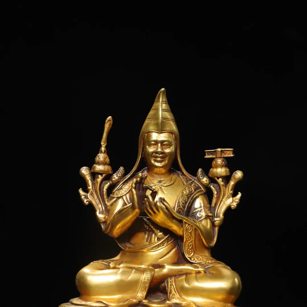 Tsongkhapa Master Statue Pure Copper Gold Gilded Tibetan Buddhist Retro Home Temple Altar Desk Decor Ornament