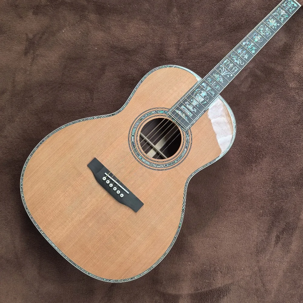 41 Inch Acoustic Guitar Slotted Headstock Floral Vine Fretboard Inlay Red Cedar Top Gold Tuners Glossy Finish Fingerstyle Folk Guitar for Musicians