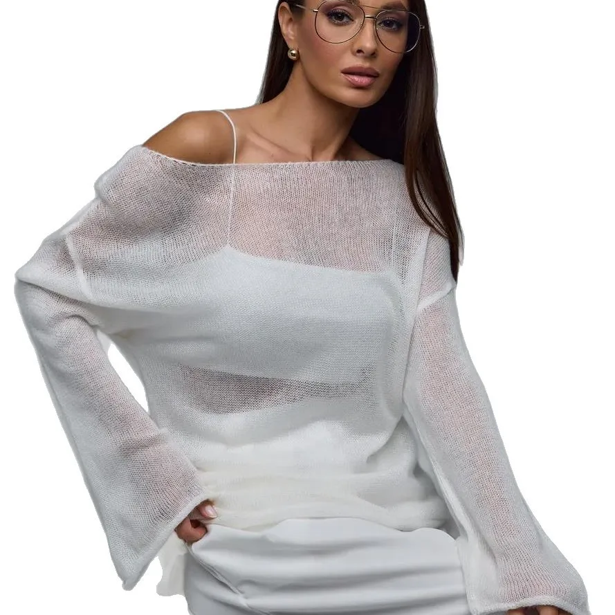 Round Neck Bell Sleeve Sweater Mid Length Streetwear with Heat Set Pullover Flat Style Sheer Loose Fit Lightweight Women Sweater