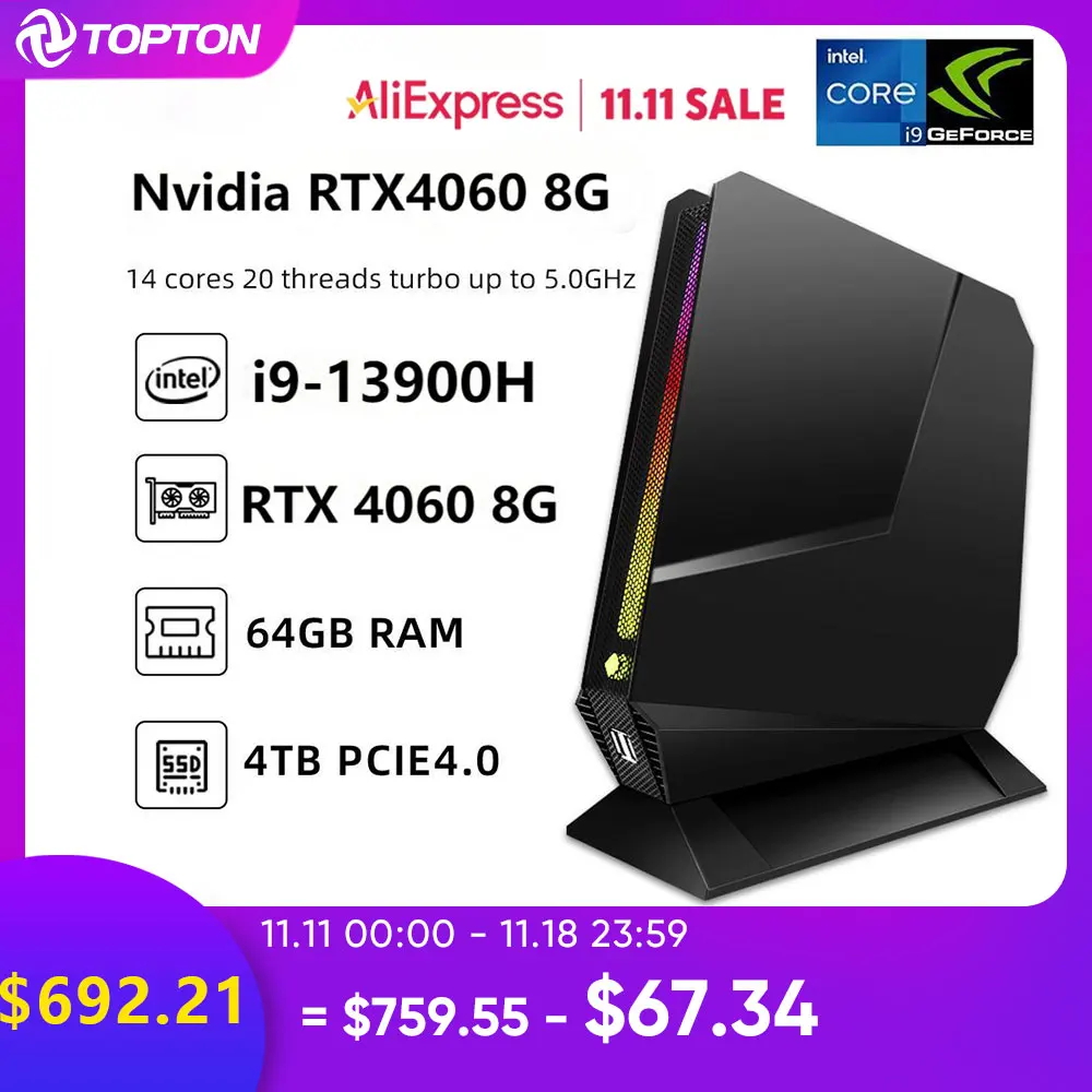 Topton Intel i9 13900H 12900H i7 13700H 12700H Gaming Mini PC Nvidia RTX4060 3050 8G Desktop Gamer Mini Computer Win11 Pro WiFi6