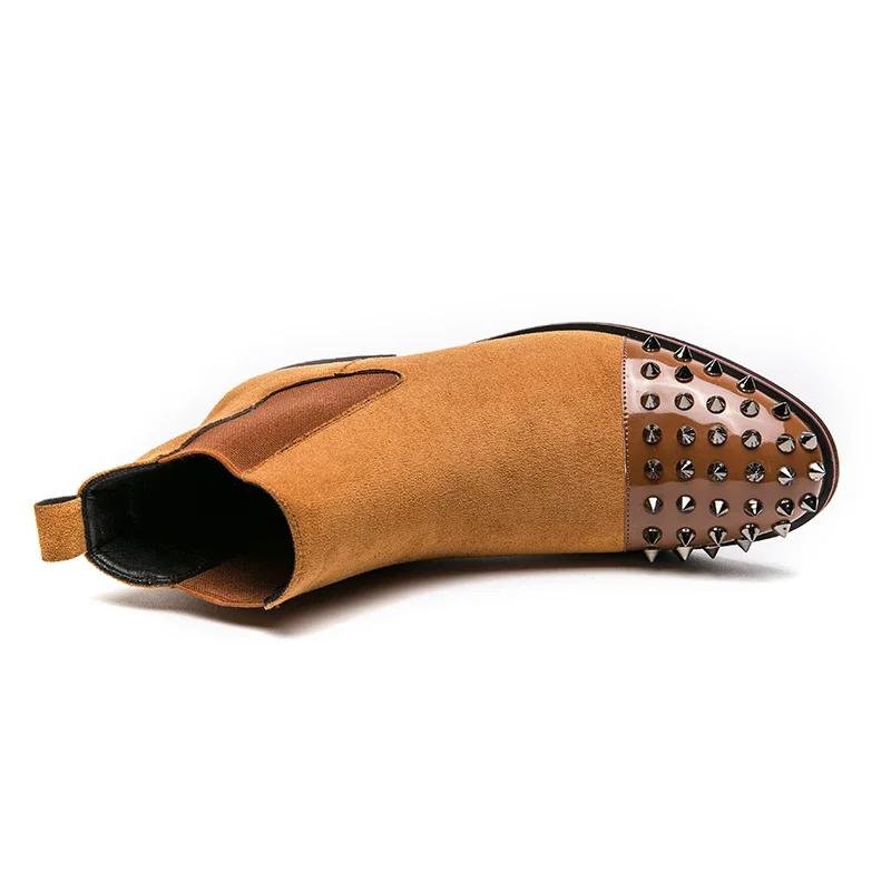 New Brown Men Chelsea Boots Flock Rivet Square Toe Red Sole Punk Handmade Men Short Boots Bottes Pour Hommes