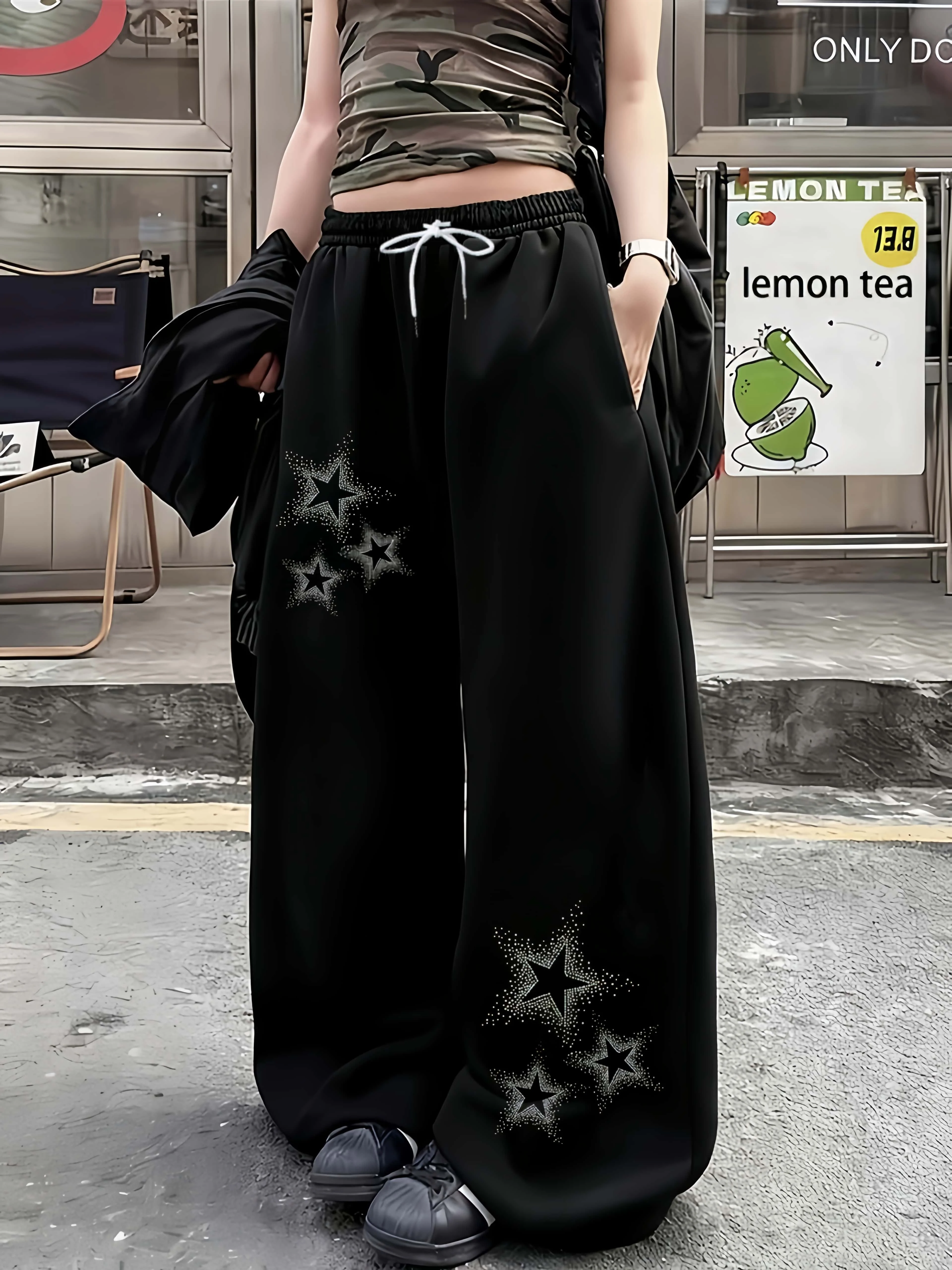 Unisex Quick Dry Straight Long Pants Hip Hop Streetwear Trousers Sparkling Star Print Elastic Waist Drawstring Sports Sweatpants