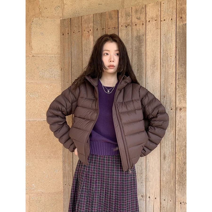 HelloooEat 90% White Du down Hooded Jaet Lightweight Autumn Winter Warm Windproof Bread Sle Women's Faion Commute Coat