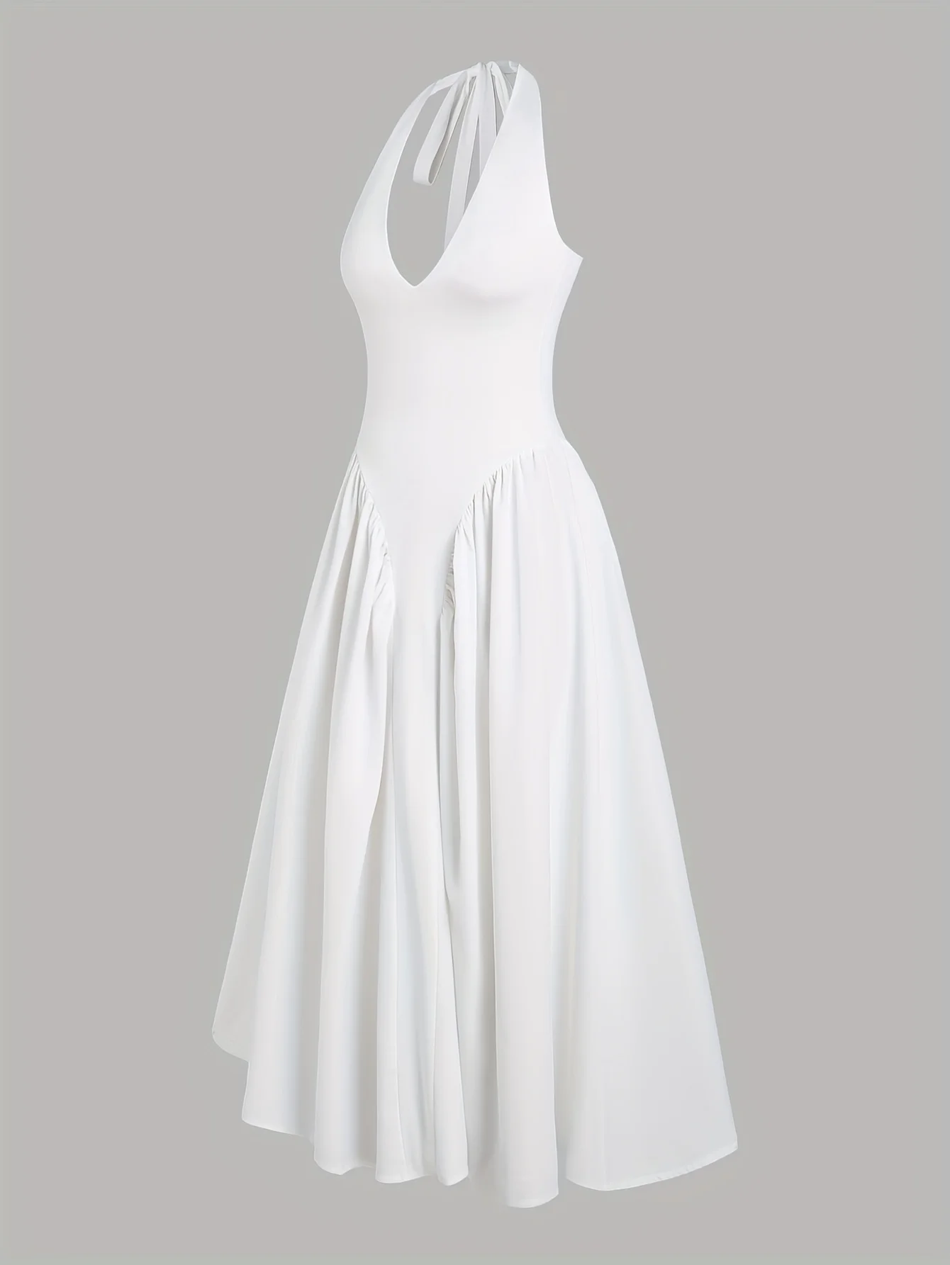 A new solid color sexy deep V cut-out halter-neck, and elegant wide-hem dress for ladies